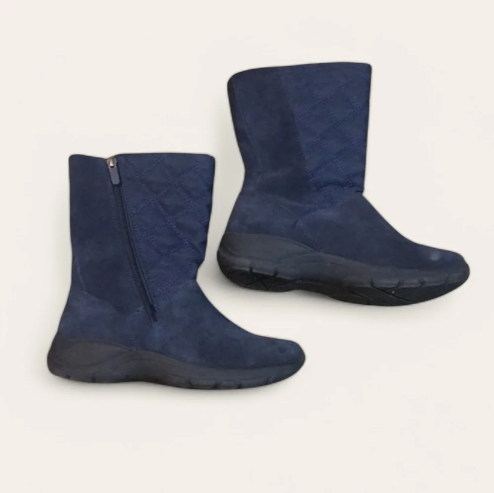 Lands' End Quilted Mid-Calf Suede Winter Rain Boots in Navy Blue Size 6